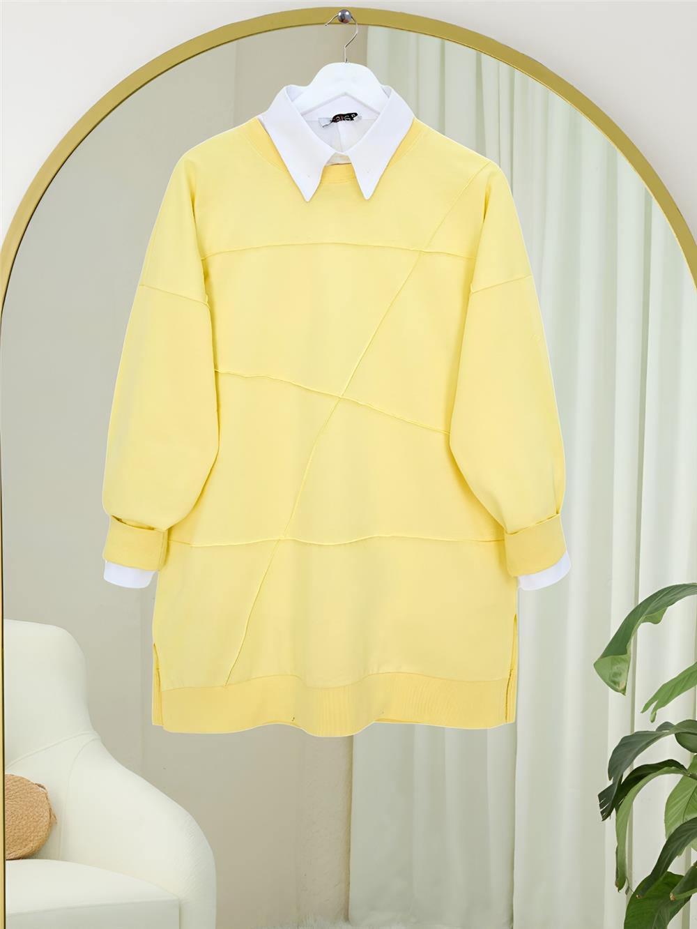 Yuvarlak Yaka Çimalı Yırtmaçlı Salaş Penye Tunik -Sarı-419-0520-R22