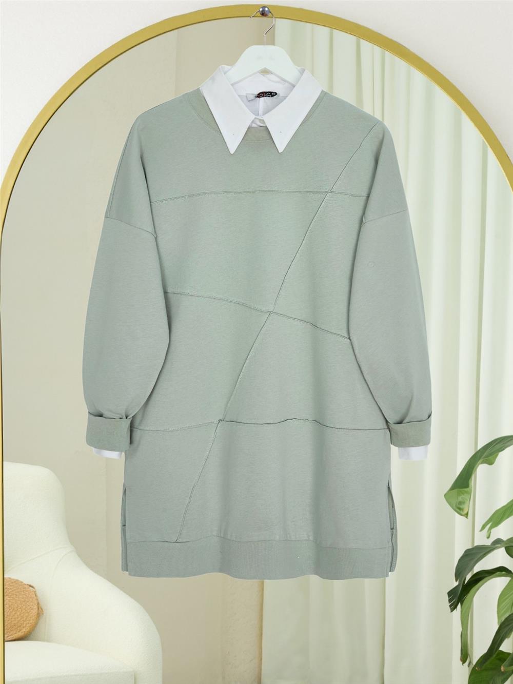 Yuvarlak Yaka Çimalı Yırtmaçlı Salaş Penye Tunik -Çağla Y.-419-0520-R70
