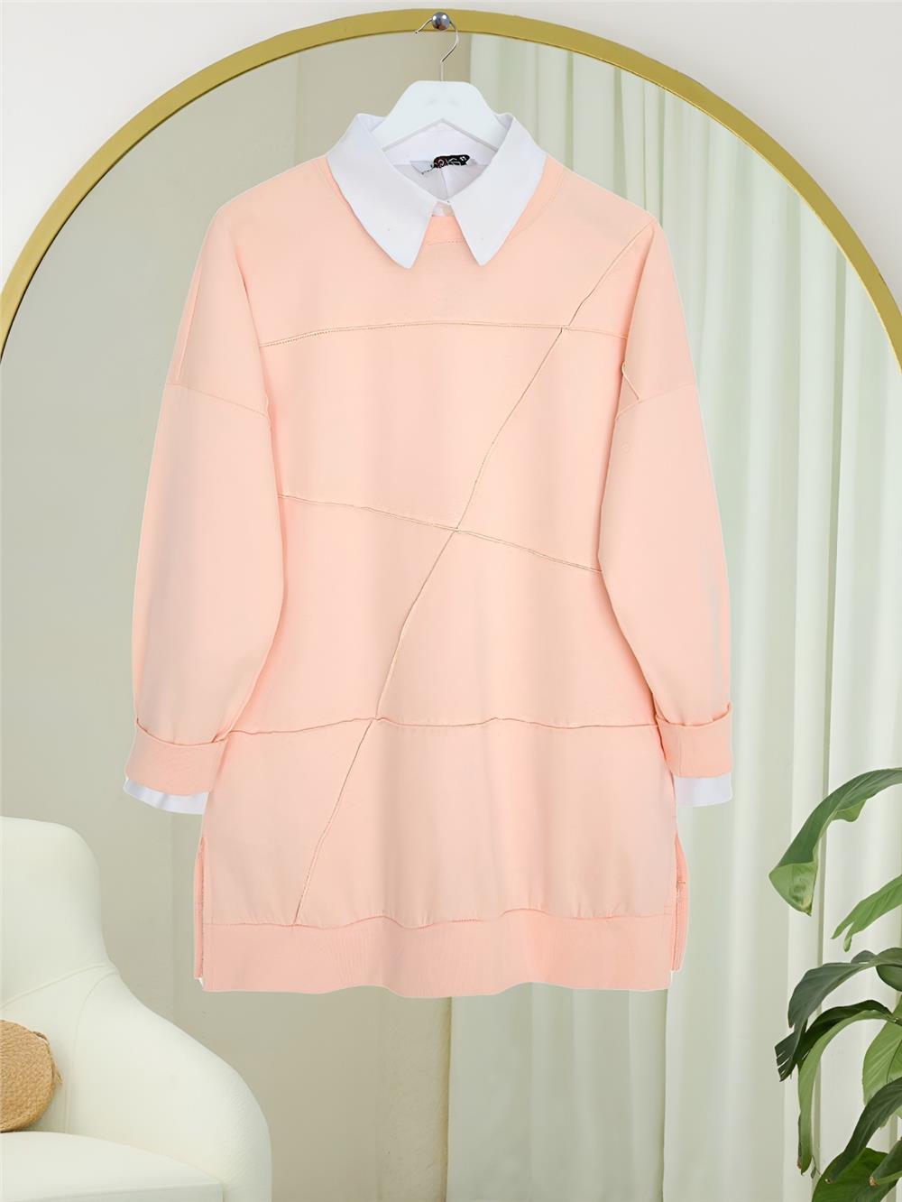 Yuvarlak Yaka Çimalı Yırtmaçlı Salaş Penye Tunik -Somon-419-0520-R13