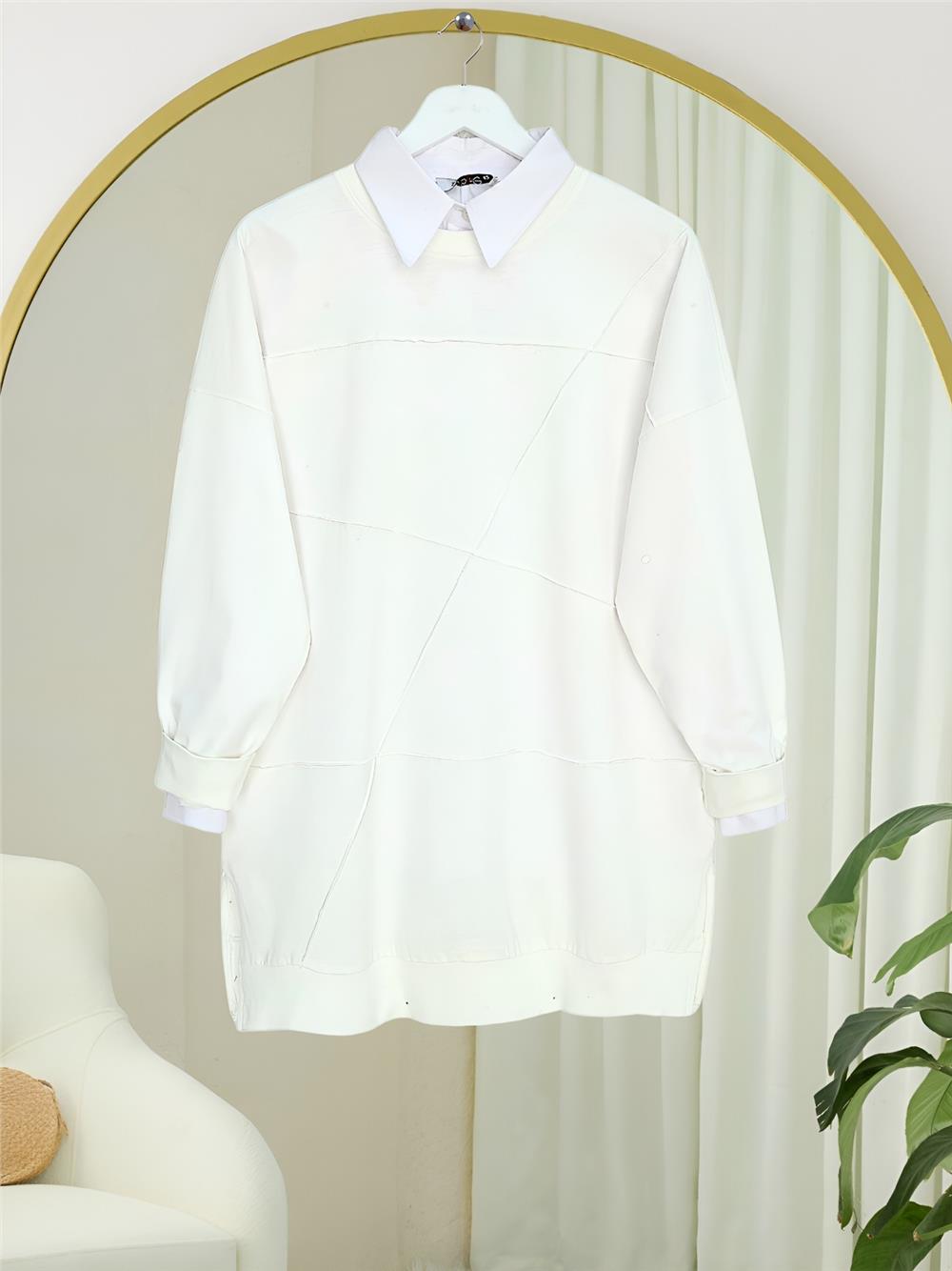 Yuvarlak Yaka Çimalı Yırtmaçlı Salaş Penye Tunik -Beyaz-419-0520-R02