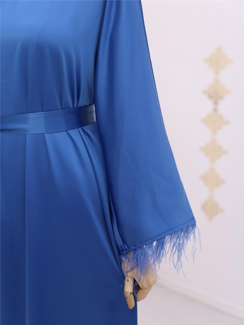 Round Neck Skirt and Sleeves Feathered Satin Dress -Indigo-114-5591-R21