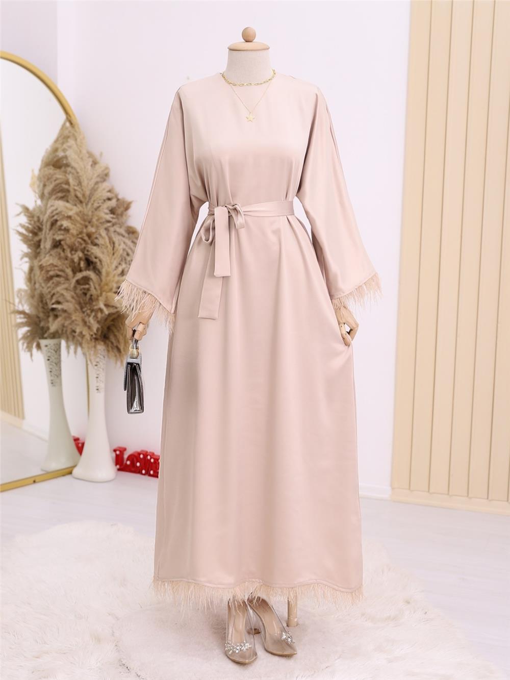 Round Neck Skirt and Sleeves Feathered Satin Dress -Beige-114-5591-R56