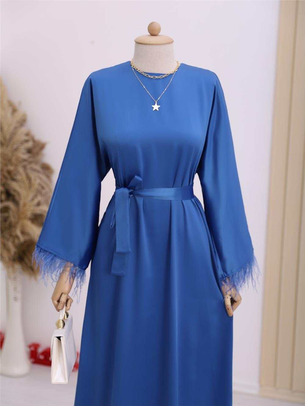 Round Neck Skirt and Sleeves Feathered Satin Dress -Indigo-114-5591-R21