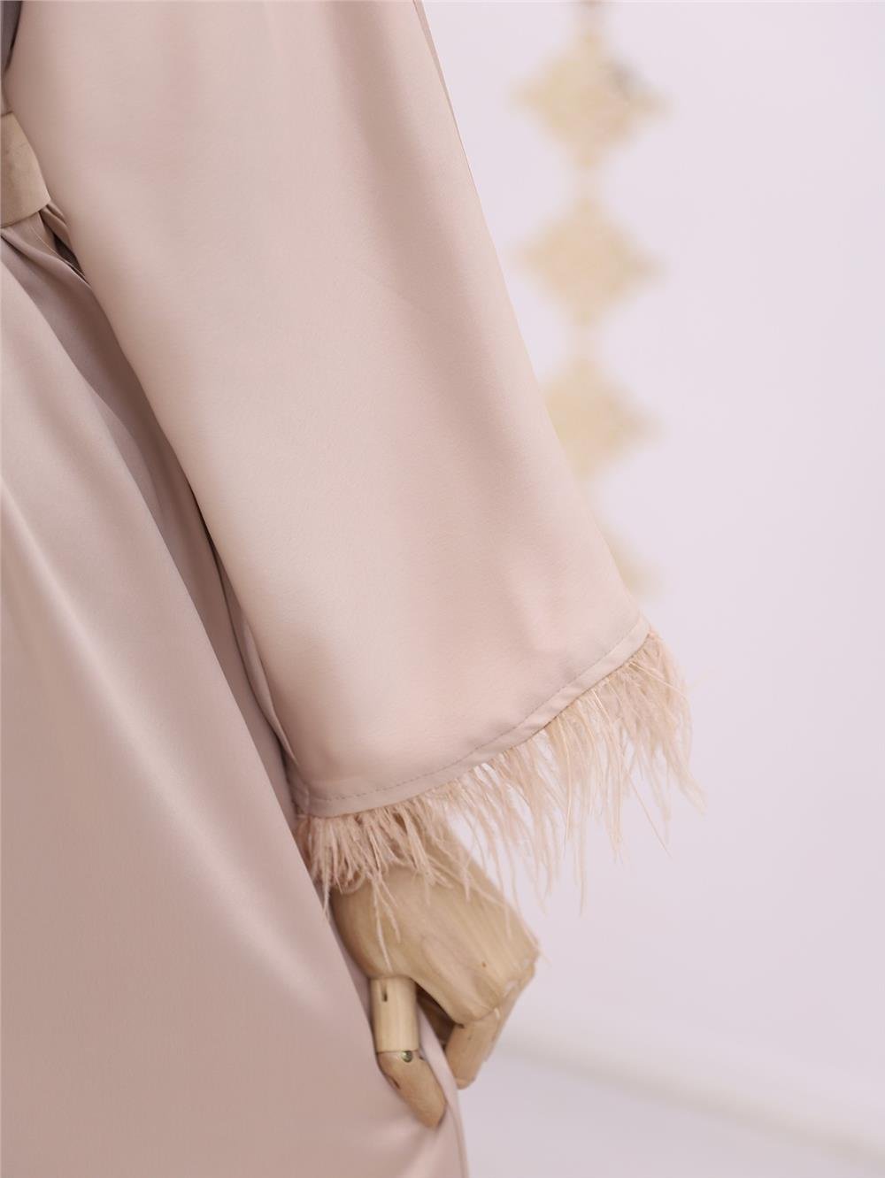 Round Neck Skirt and Sleeves Feathered Satin Dress -Beige-114-5591-R56