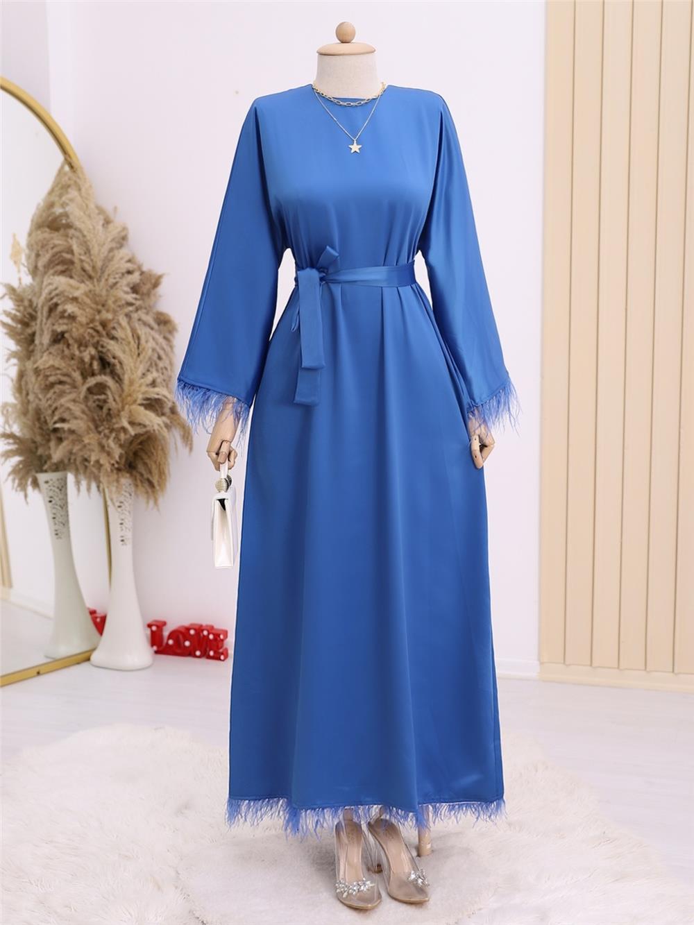 Round Neck Skirt and Sleeves Feathered Satin Dress -Indigo-114-5591-R21