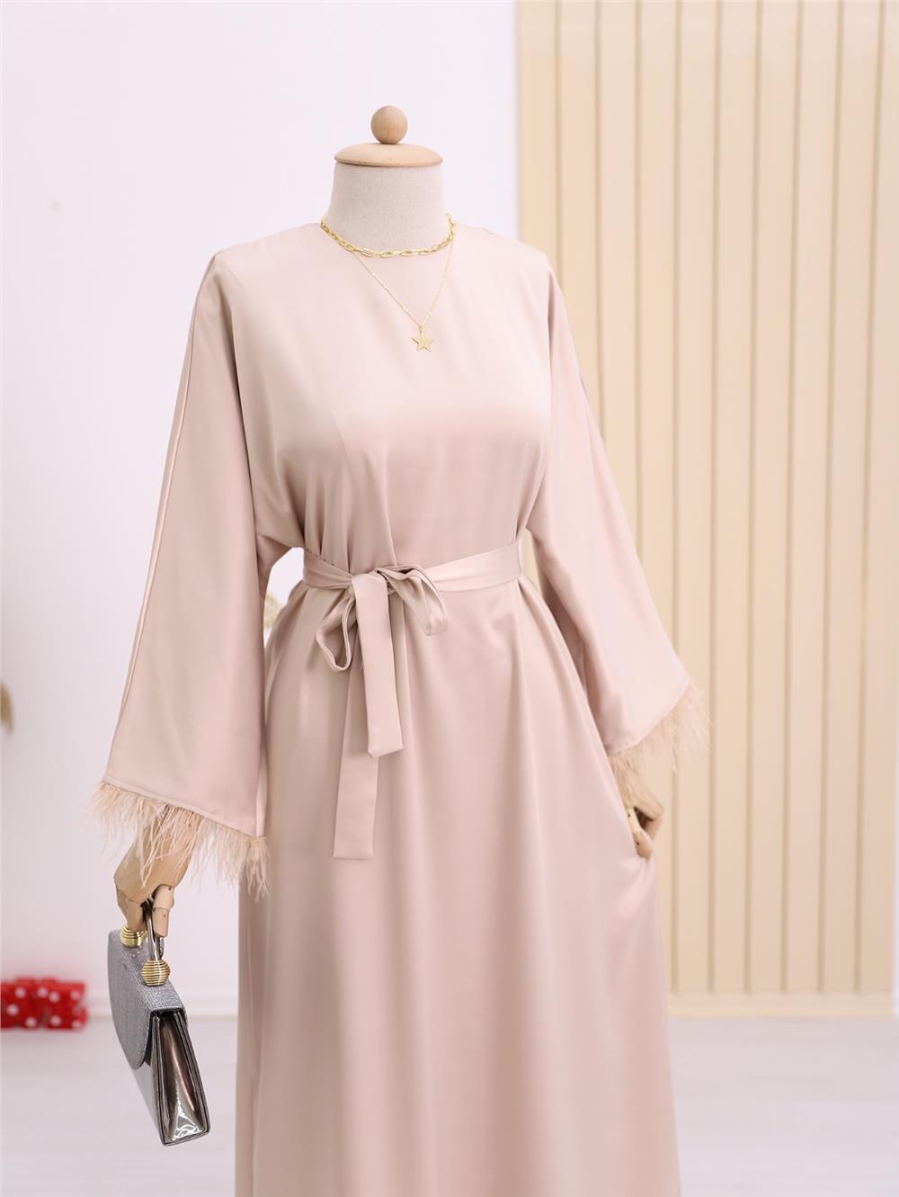 Round Neck Skirt and Sleeves Feathered Satin Dress -Beige-114-5591-R56
