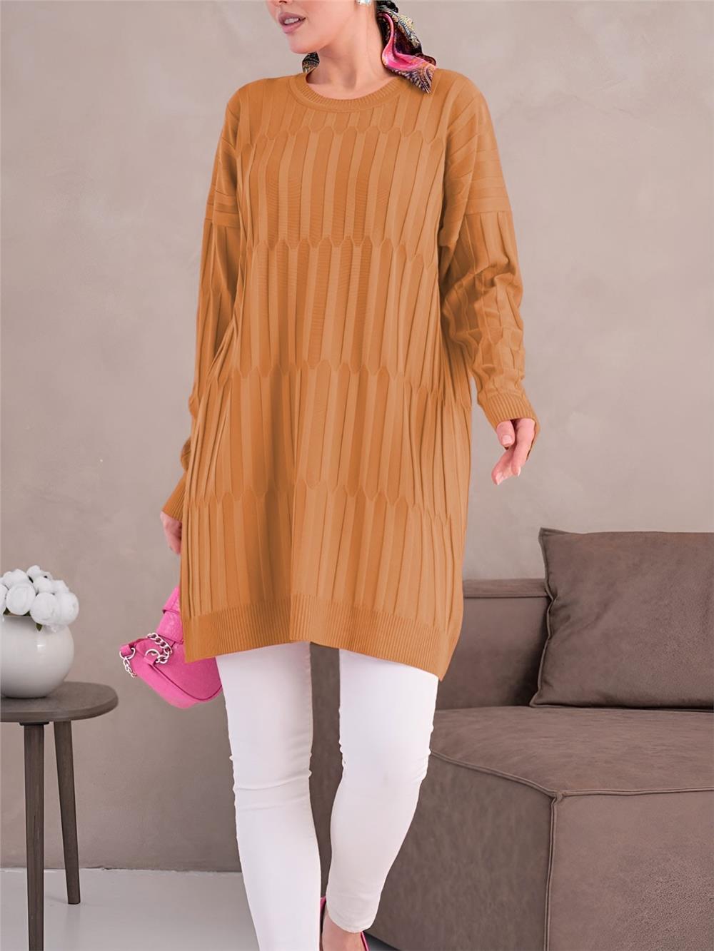 Yuvarlak Yaka Kalın Çizgili Salaş Triko Tunik -Turuncu-280-3174-R16