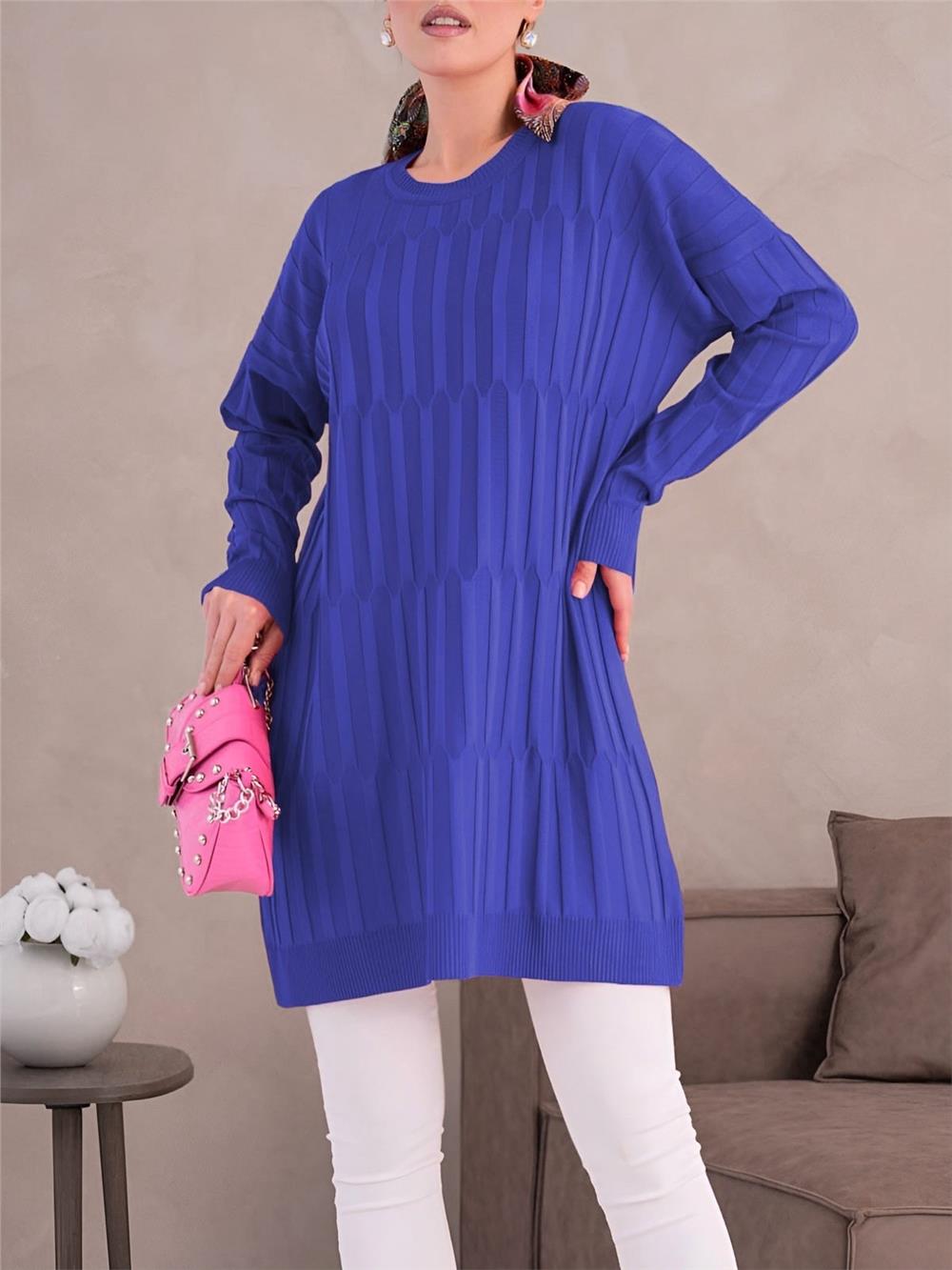Yuvarlak Yaka Kalın Çizgili Salaş Triko Tunik -Saks-280-3174-R10