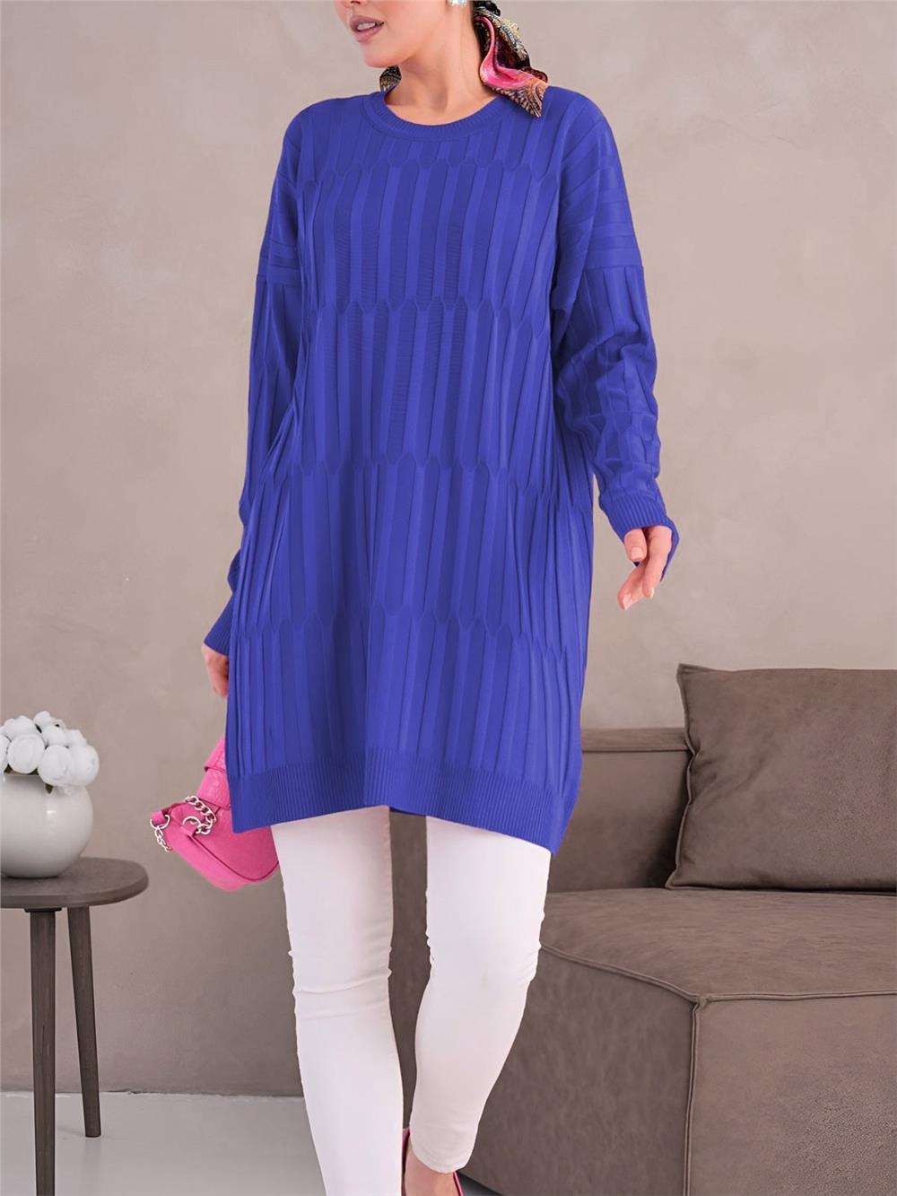 Yuvarlak Yaka Kalın Çizgili Salaş Triko Tunik -Saks-280-3174-R10