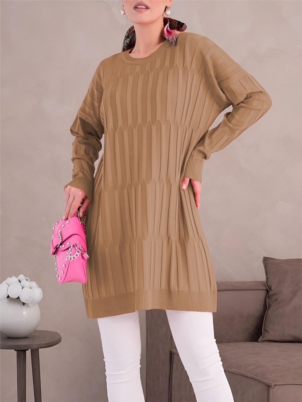 Yuvarlak Yaka Kalın Çizgili Salaş Triko Tunik -Vizon-280-3174-R23