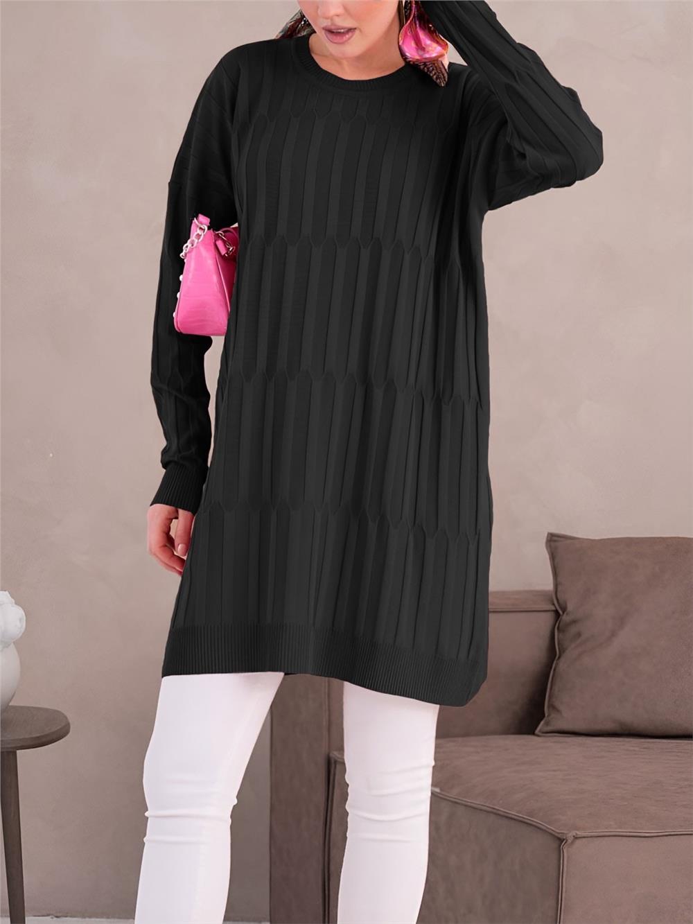 Yuvarlak Yaka Kalın Çizgili Salaş Triko Tunik -Siyah-280-3174-R01