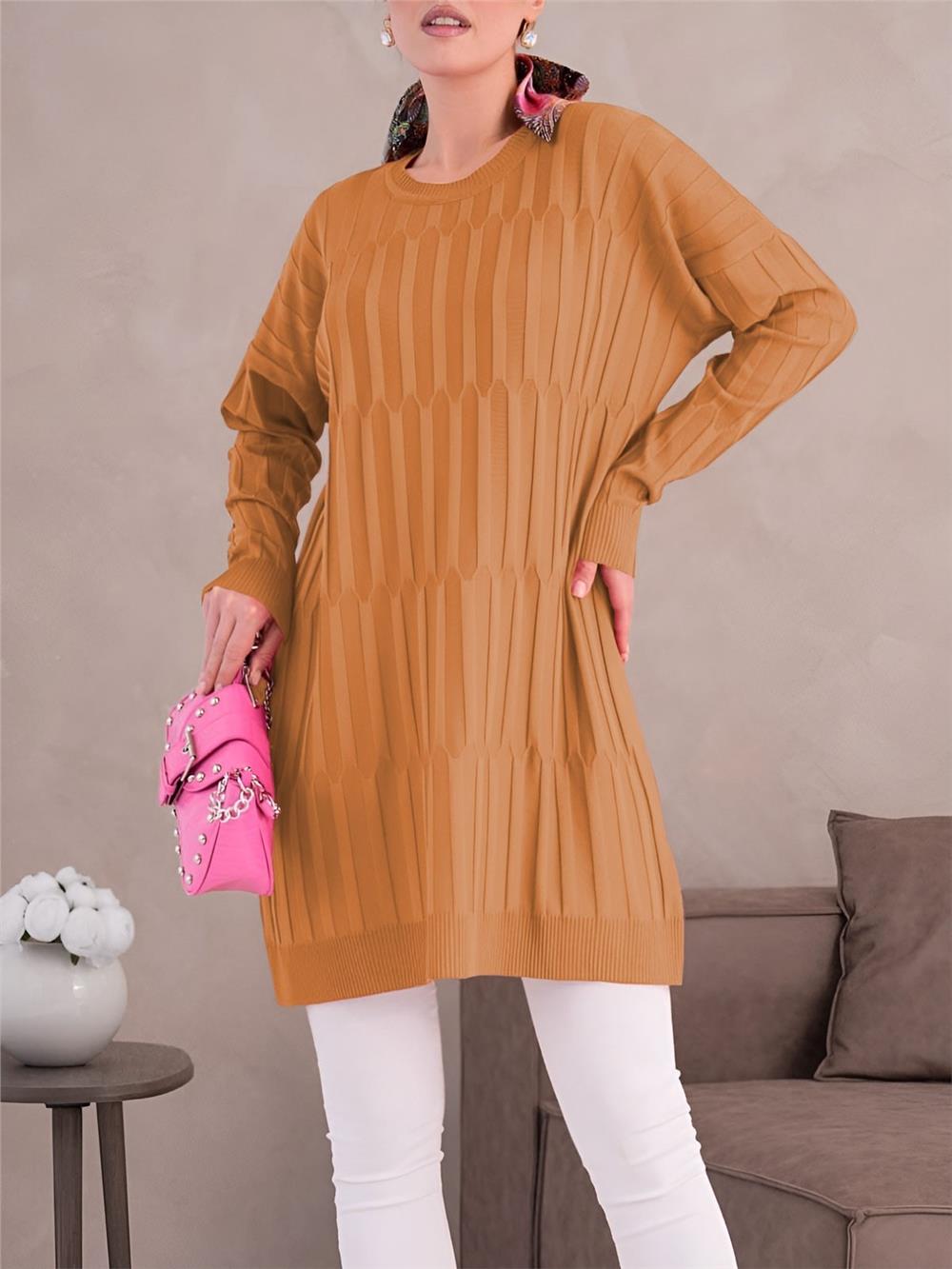 Yuvarlak Yaka Kalın Çizgili Salaş Triko Tunik -Turuncu-280-3174-R16
