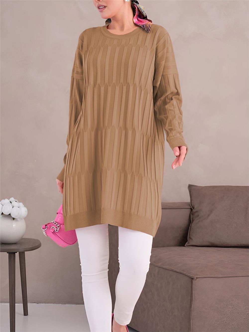 Yuvarlak Yaka Kalın Çizgili Salaş Triko Tunik -Vizon-280-3174-R23