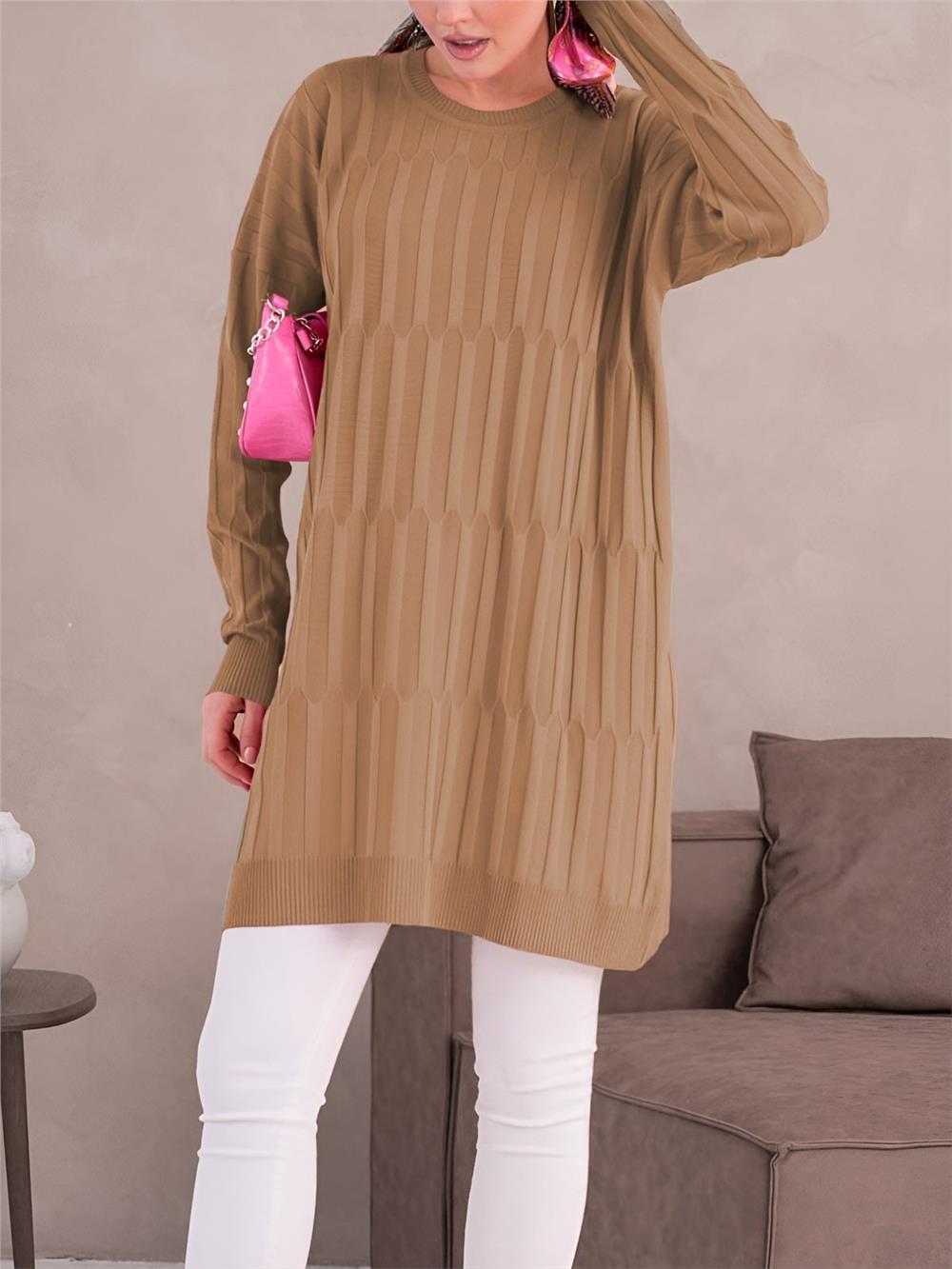 Yuvarlak Yaka Kalın Çizgili Salaş Triko Tunik -Vizon-280-3174-R23