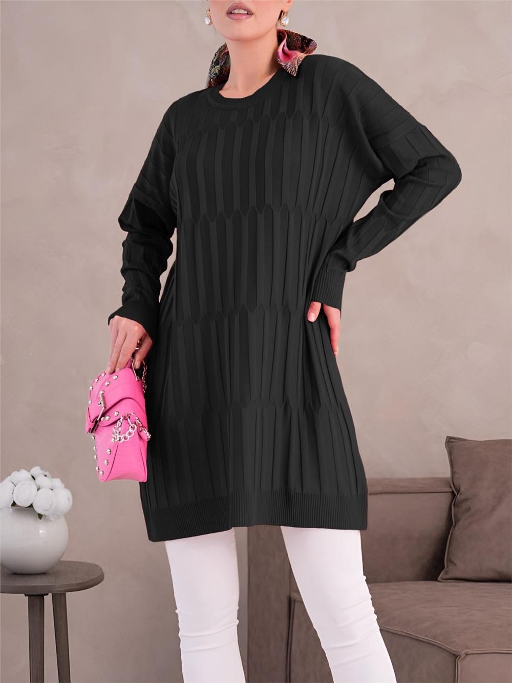 Yuvarlak Yaka Kalın Çizgili Salaş Triko Tunik -Siyah-280-3174-R01