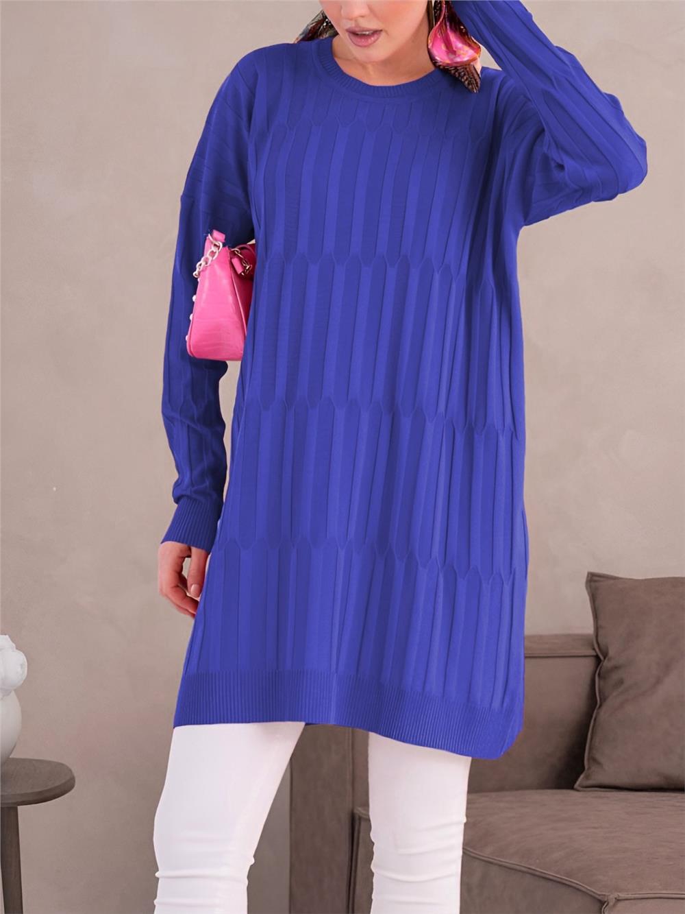 Yuvarlak Yaka Kalın Çizgili Salaş Triko Tunik -Saks-280-3174-R10