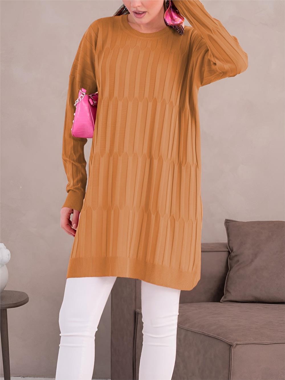 Yuvarlak Yaka Kalın Çizgili Salaş Triko Tunik -Turuncu-280-3174-R16