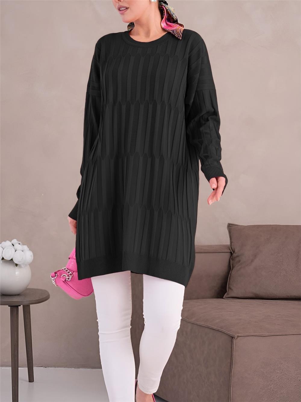 Yuvarlak Yaka Kalın Çizgili Salaş Triko Tunik -Siyah-280-3174-R01