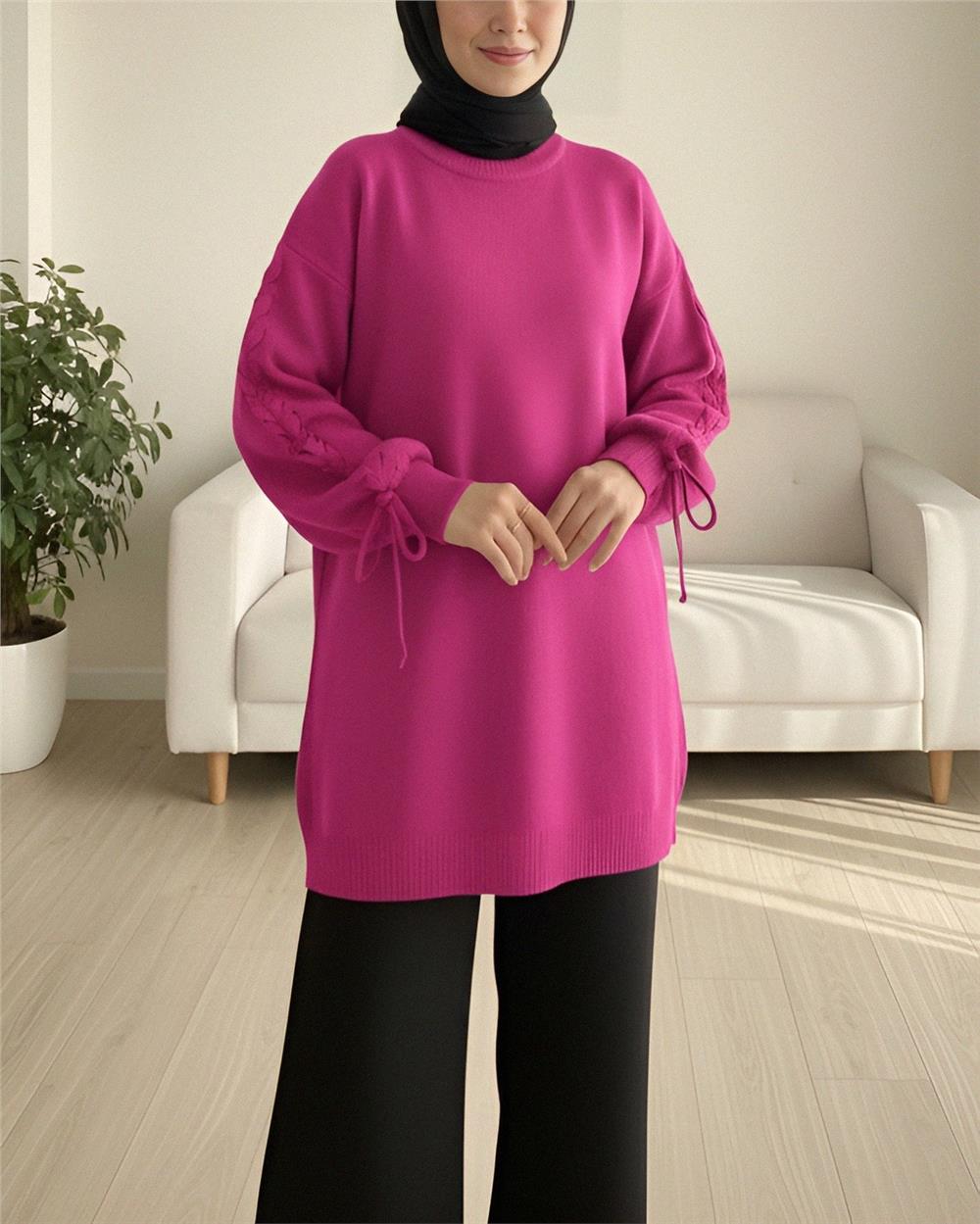Yuvarlak Yaka Kolu Örgü Detaylı Triko Kazak -Fuşya-295-1280-R14