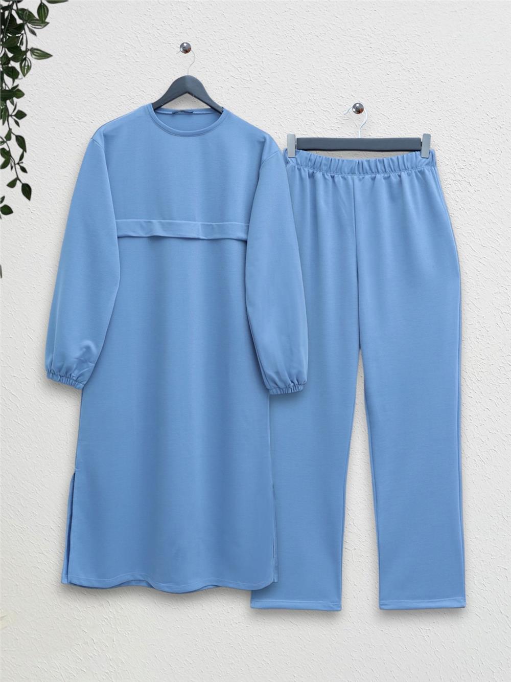 Round Neck Top Long Two Thread Combed Cotton Suit - Baby Blue-349-6001-R32