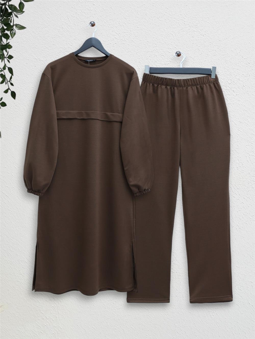 Round Neck Top Long Two Thread Combed Cotton Suit - Brown-349-6001-R15