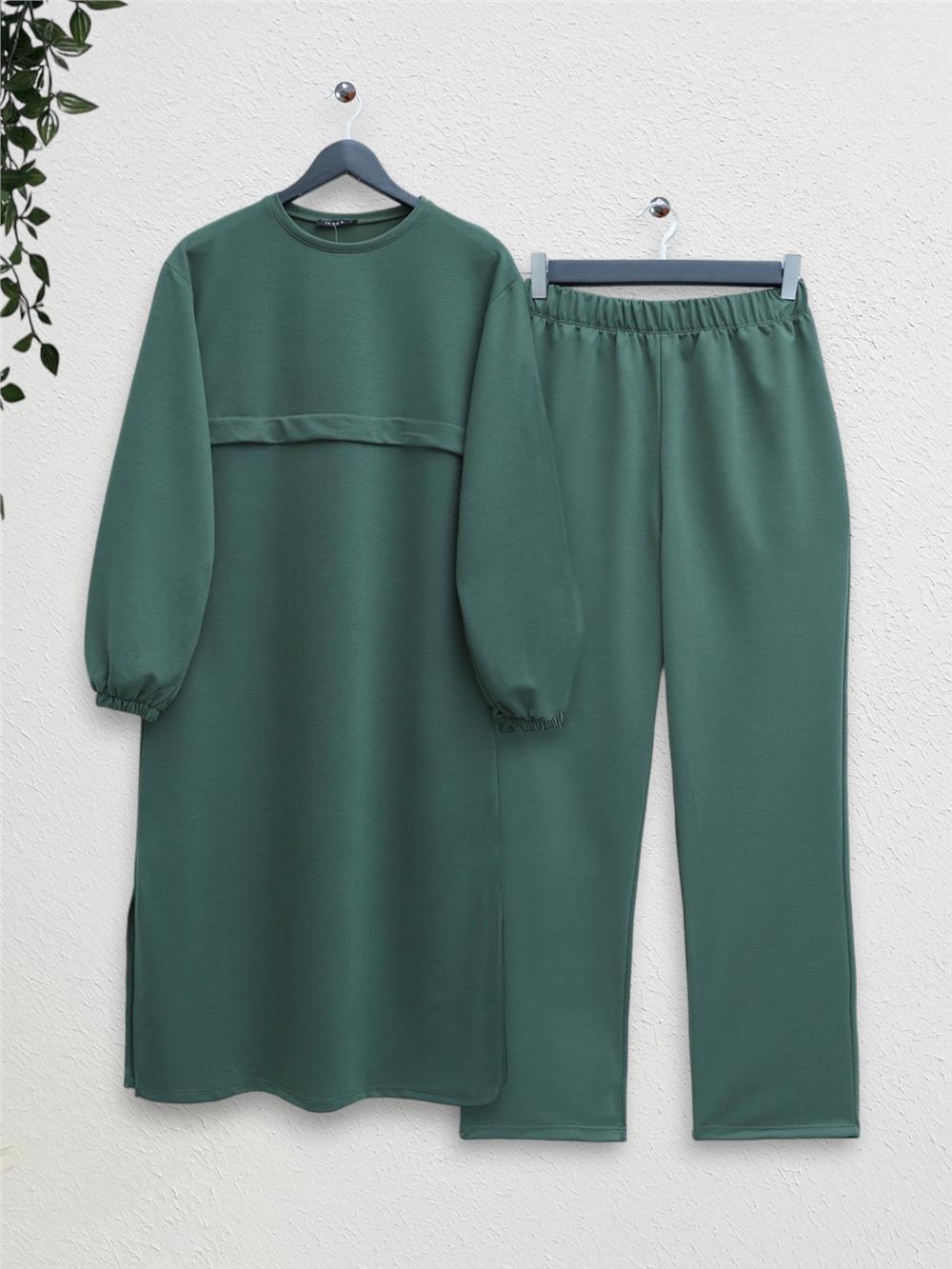 Round Neck Top Long Two Thread Combed Cotton Suit - Khaki-349-6001-R05