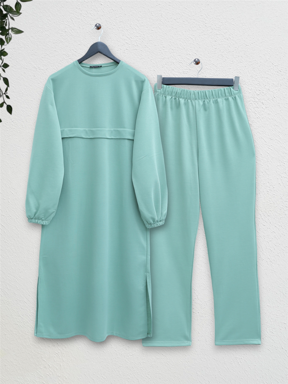Round Neck Top Long Two Thread Combed Cotton Suit - Water Green-349-6001-R36