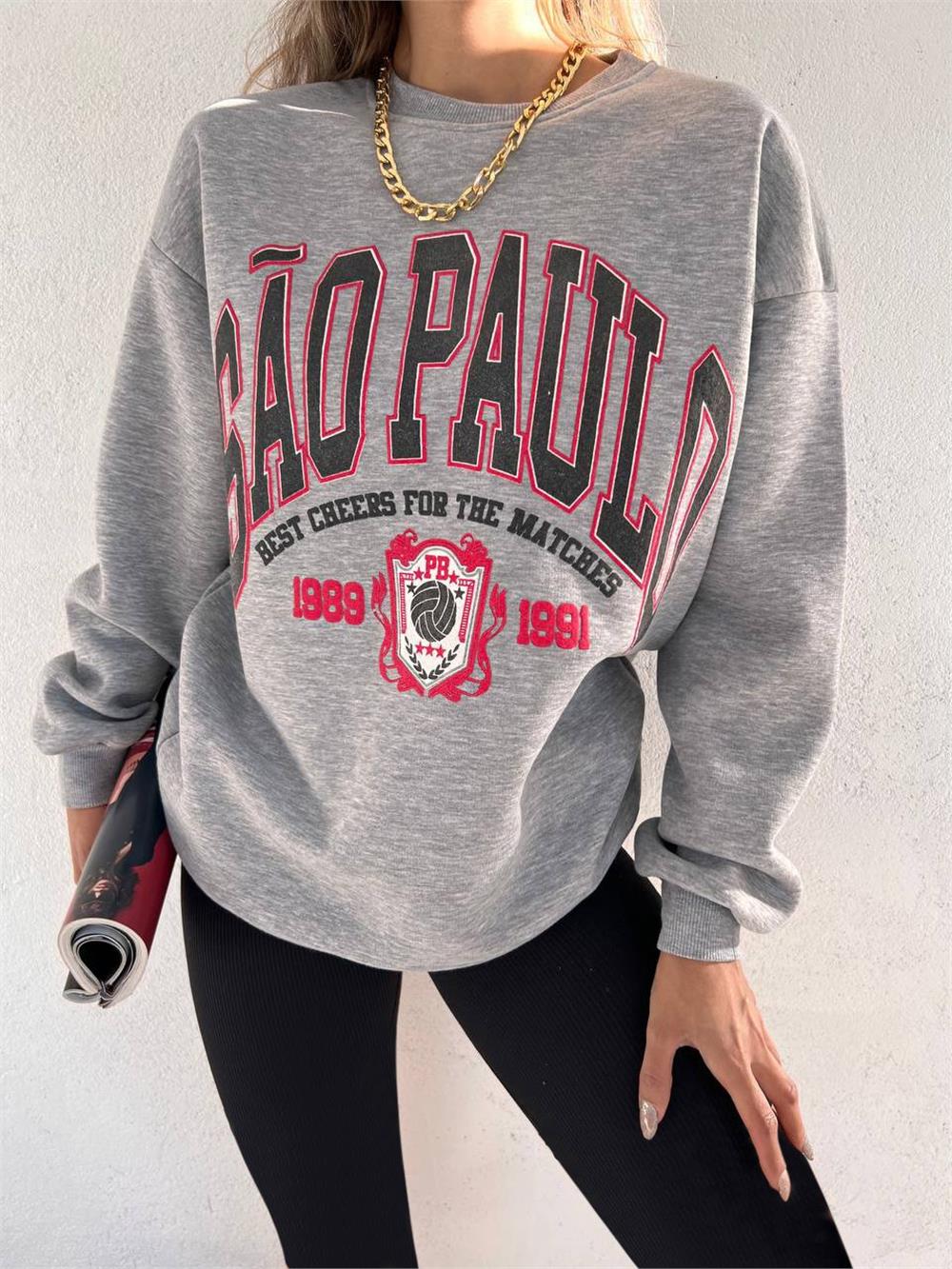 Round Neck Text Printed Polar Sweat -Grey-358-9990-R11