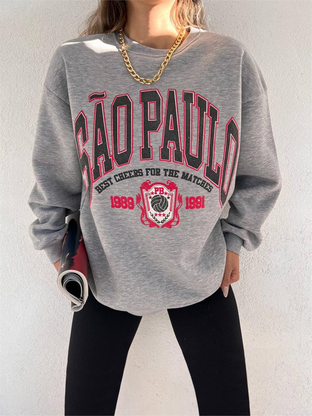 Round Neck Text Printed Polar Sweat -Grey-358-9990-R11