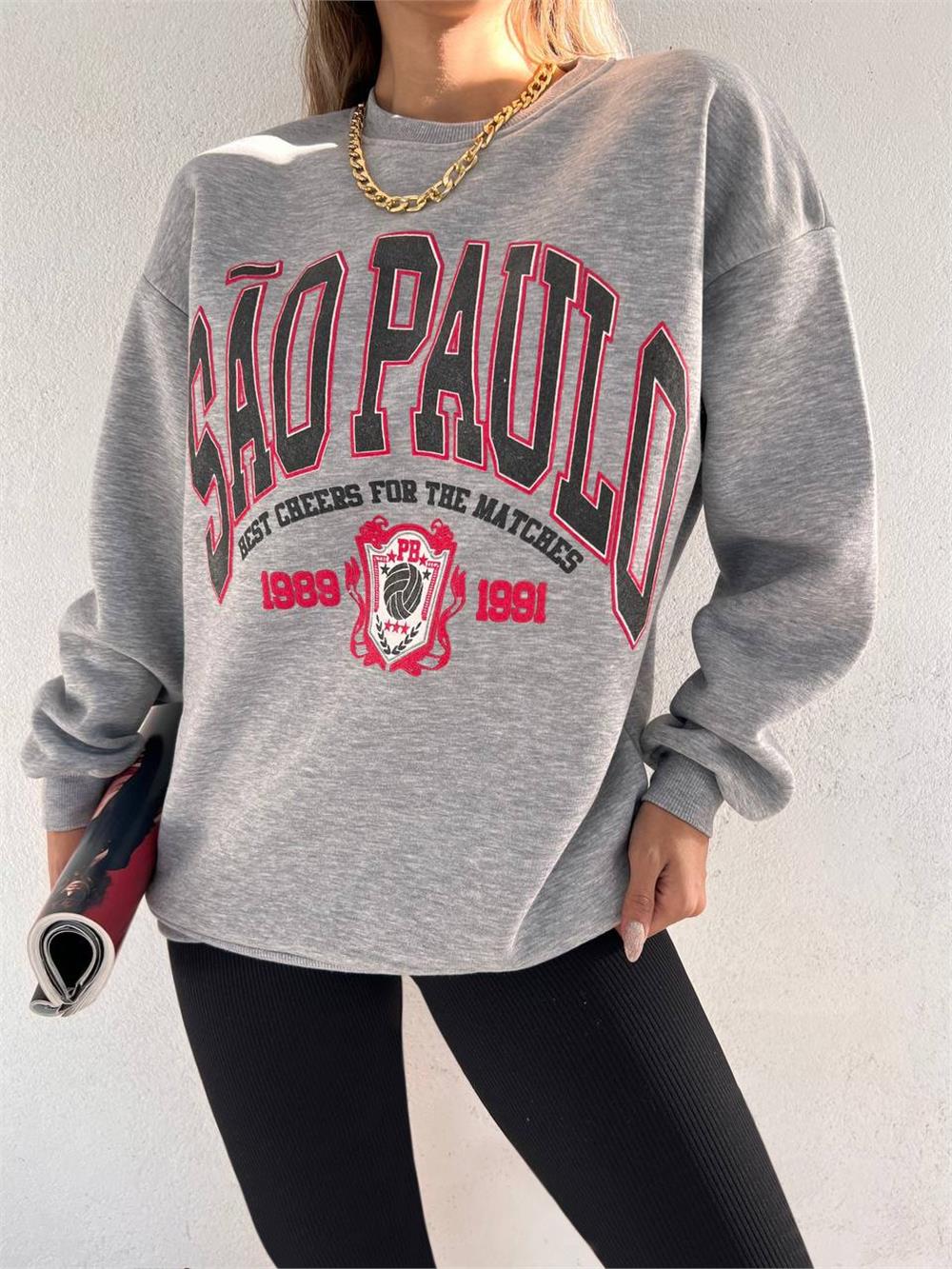 Round Neck Text Printed Polar Sweat -Grey-358-9990-R11