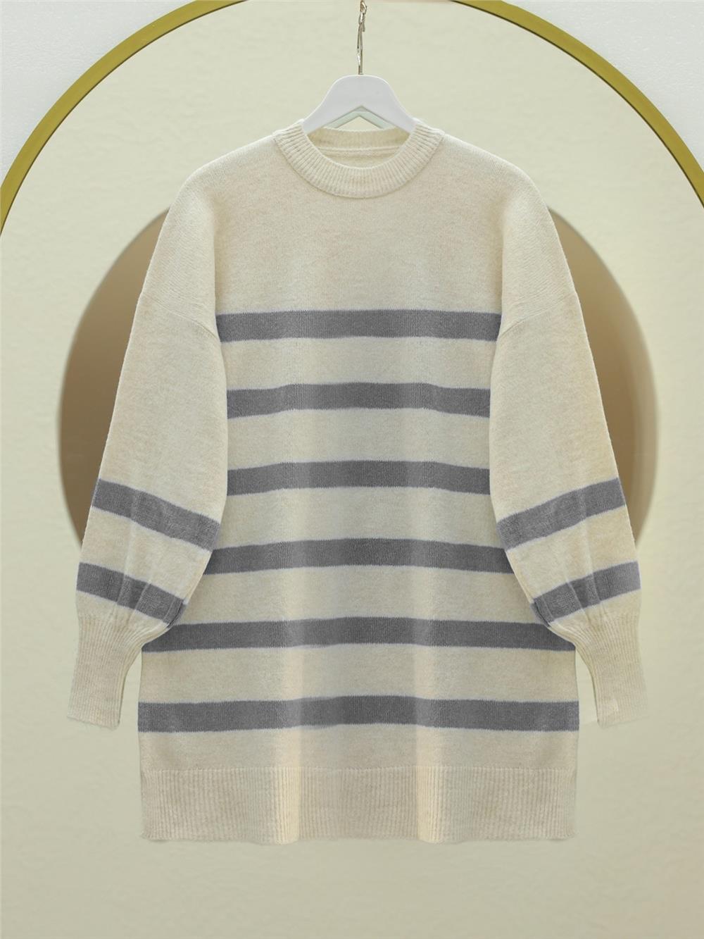 Yuvarlak Yaka Yırtmaçlı Triko Tunik -Açık Gri-295-3421-R41