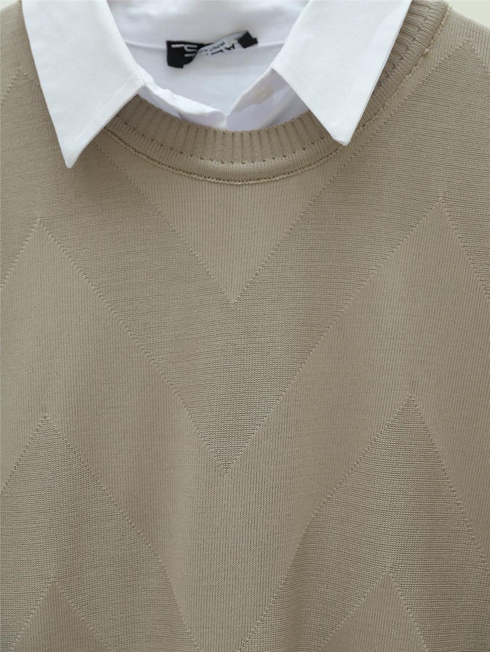 Zikzak Desenli Yırtmaçlı Triko Tunik  -Açık Vizon-280-3183-R51