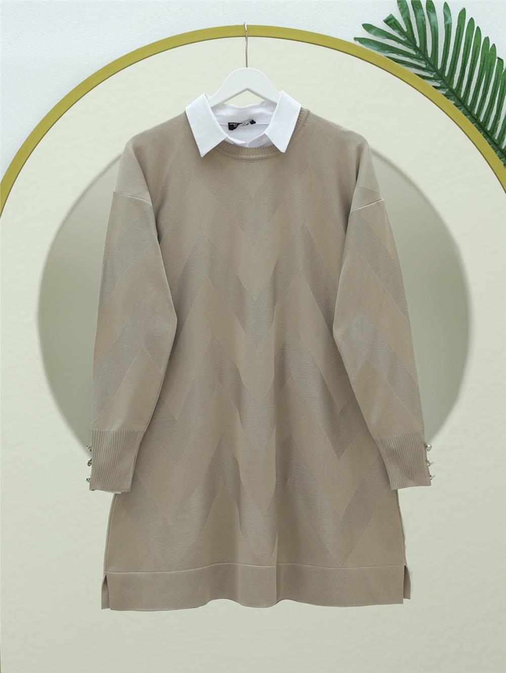 Zikzak Desenli Yırtmaçlı Triko Tunik  -Açık Vizon-280-3183-R51