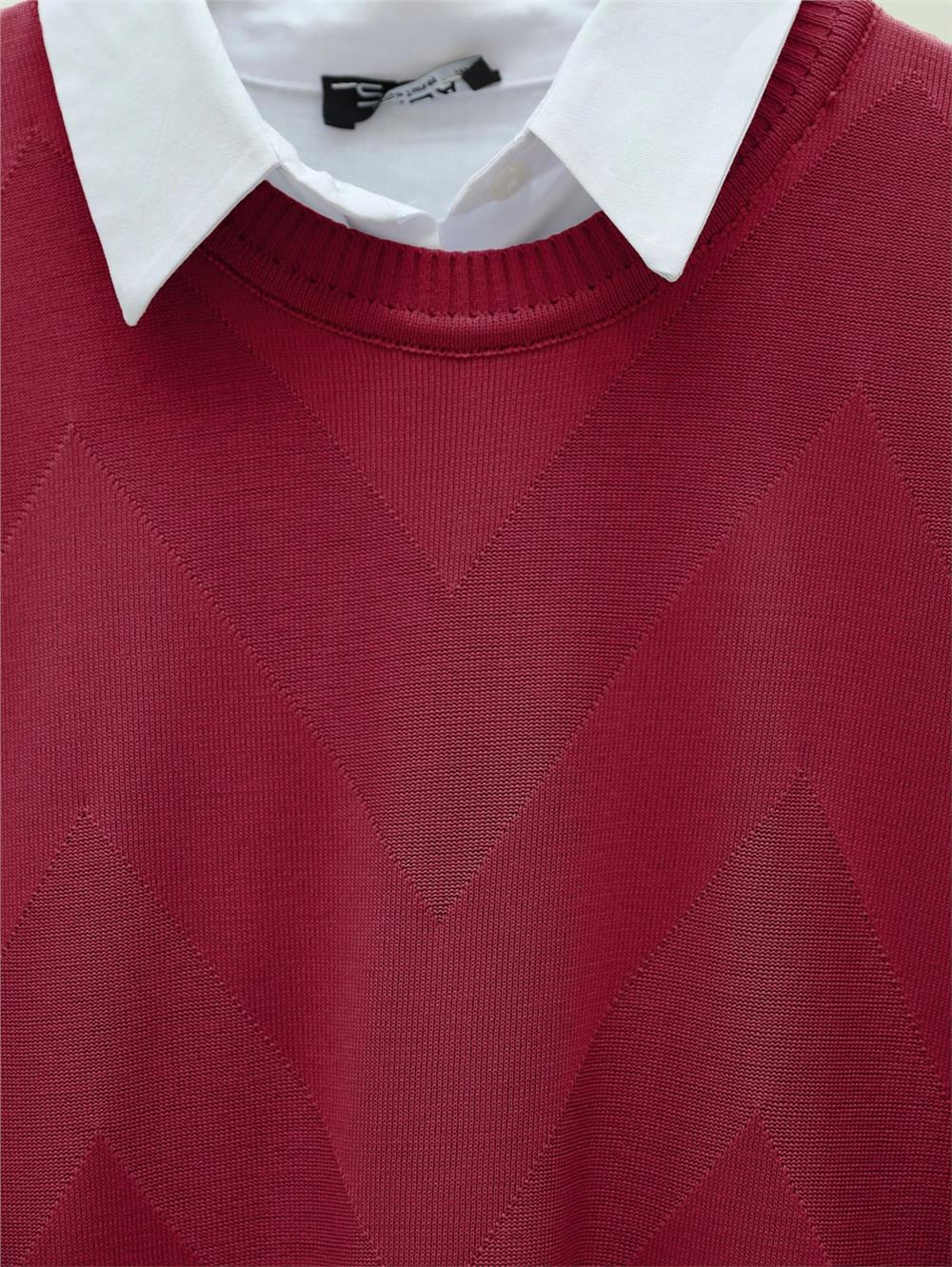 Zikzak Desenli Yırtmaçlı Triko Tunik  -Kırmızı-280-3183-R33