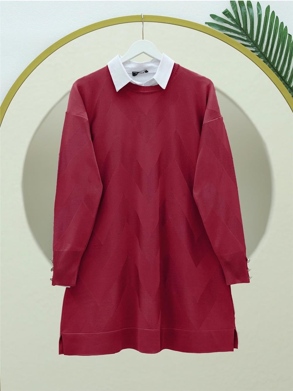 Zikzak Desenli Yırtmaçlı Triko Tunik  -Kırmızı-280-3183-R33