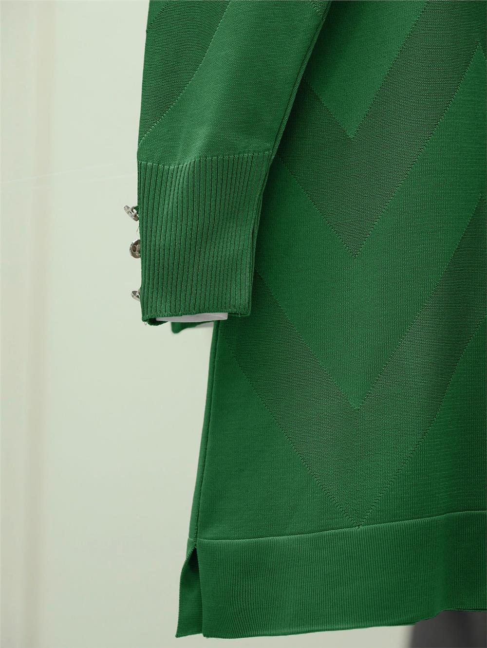 Zikzak Desenli Yırtmaçlı Triko Tunik  -Yeşil-280-3183-R35