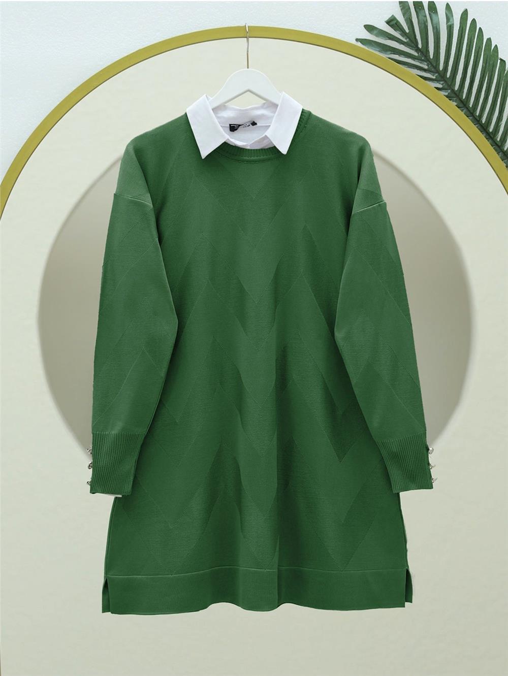 Zikzak Desenli Yırtmaçlı Triko Tunik  -Yeşil-280-3183-R35