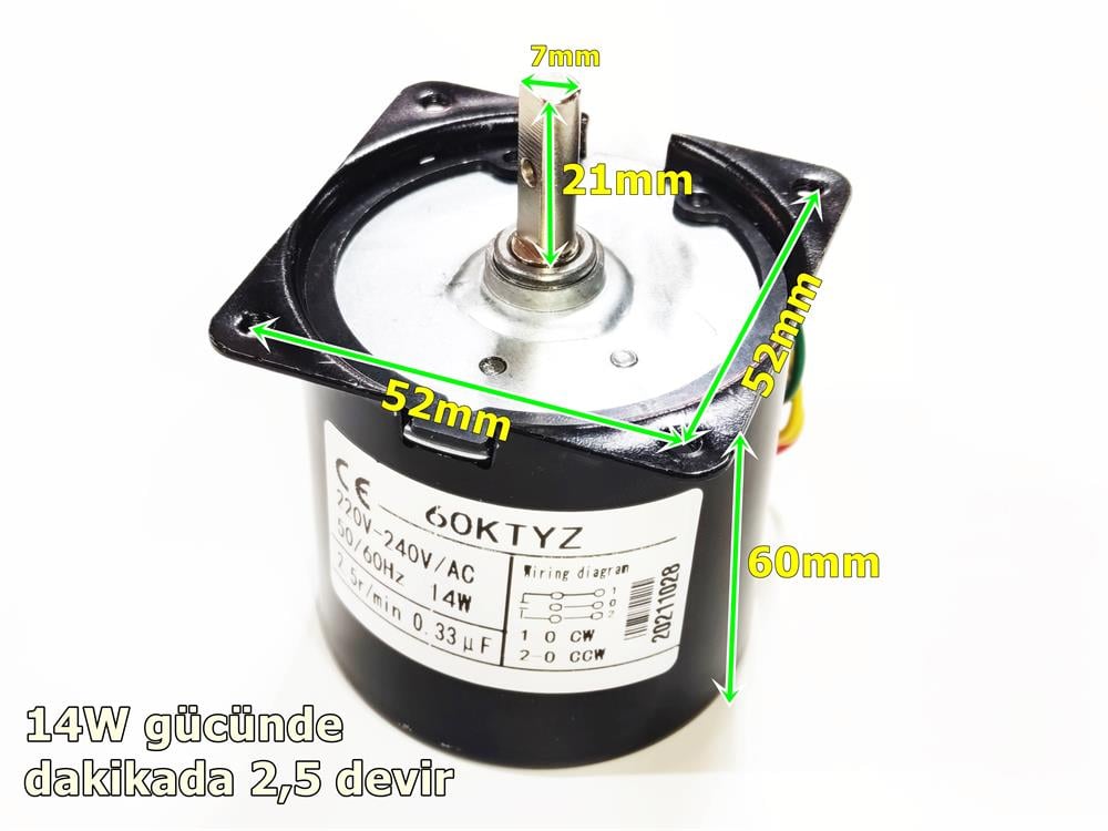 60KTYZ 14W 2,5Rpm Senkron Motor- Döner, Kuluçka, Kızartma, Buz Makineleri İçin