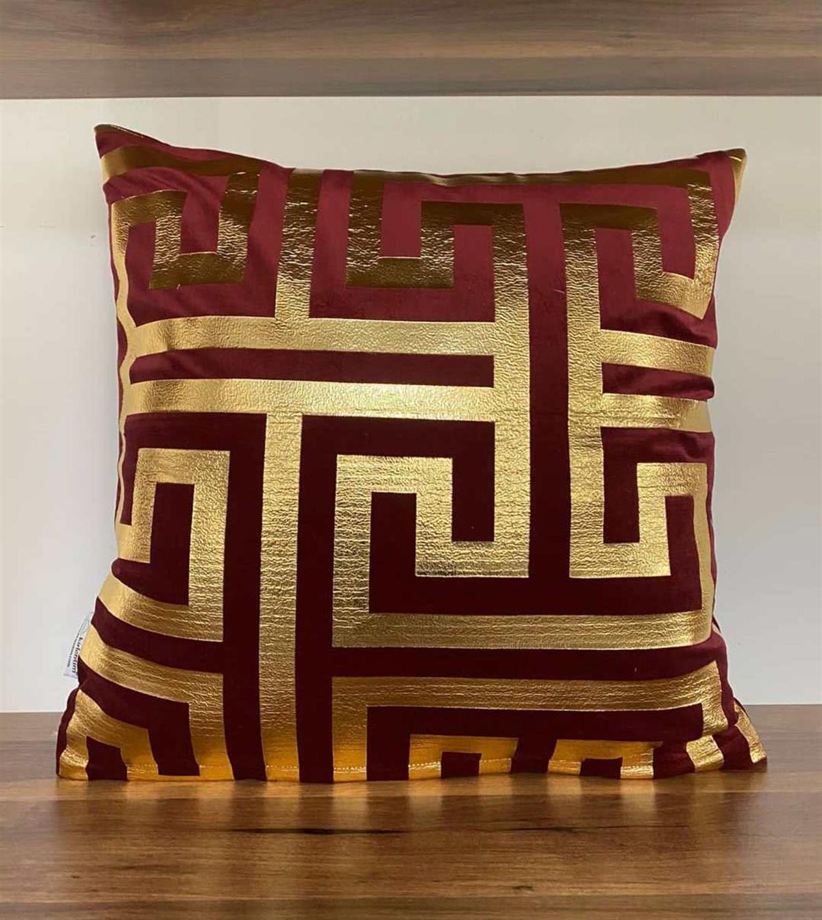 BORDO KADİFE LABİRENT DESEN GOLD VARAK BASKILI