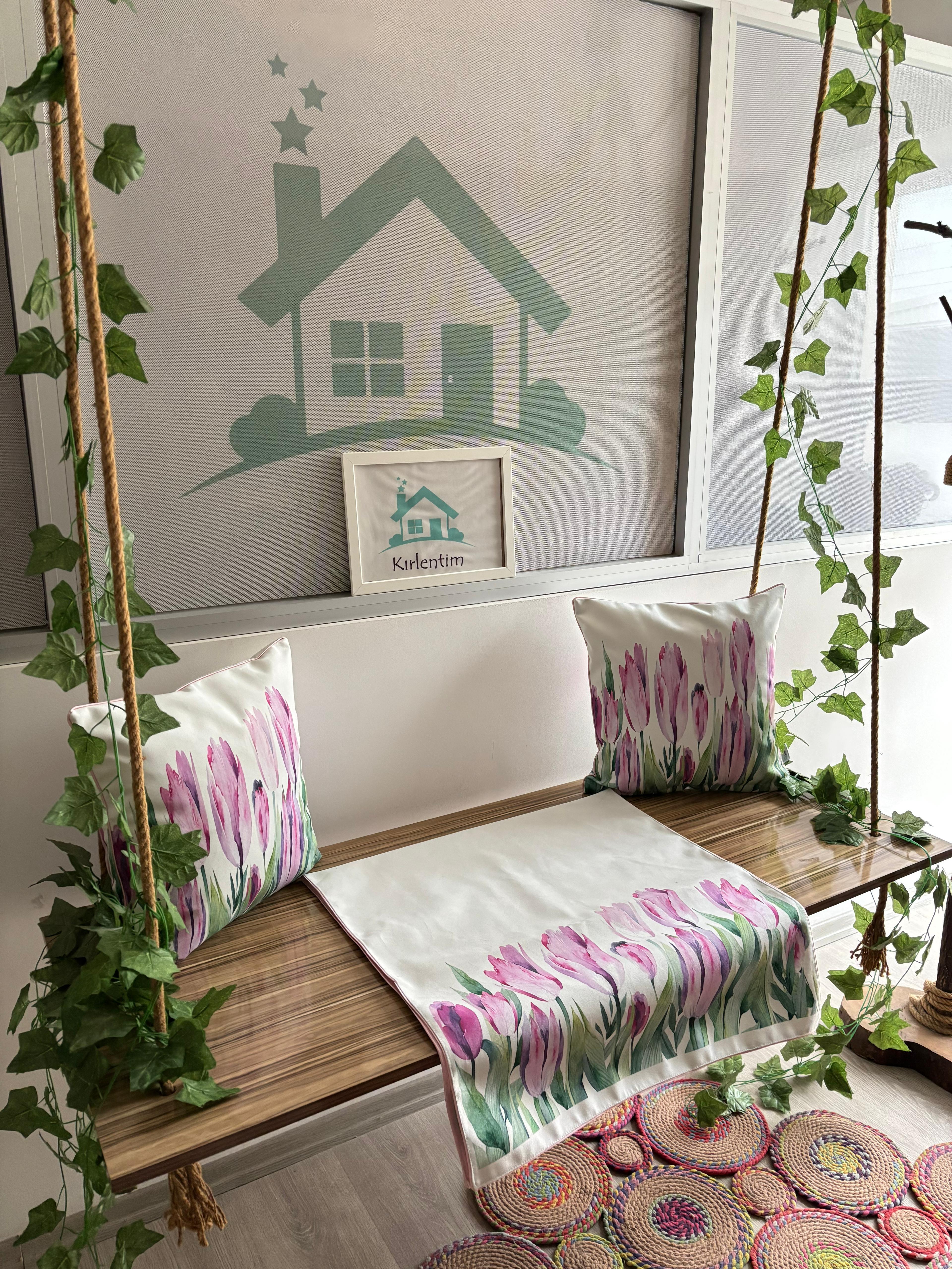 H1203 PEMBE MOR LALELER KIRLENT RUNNER 3LÜ KOMBİN