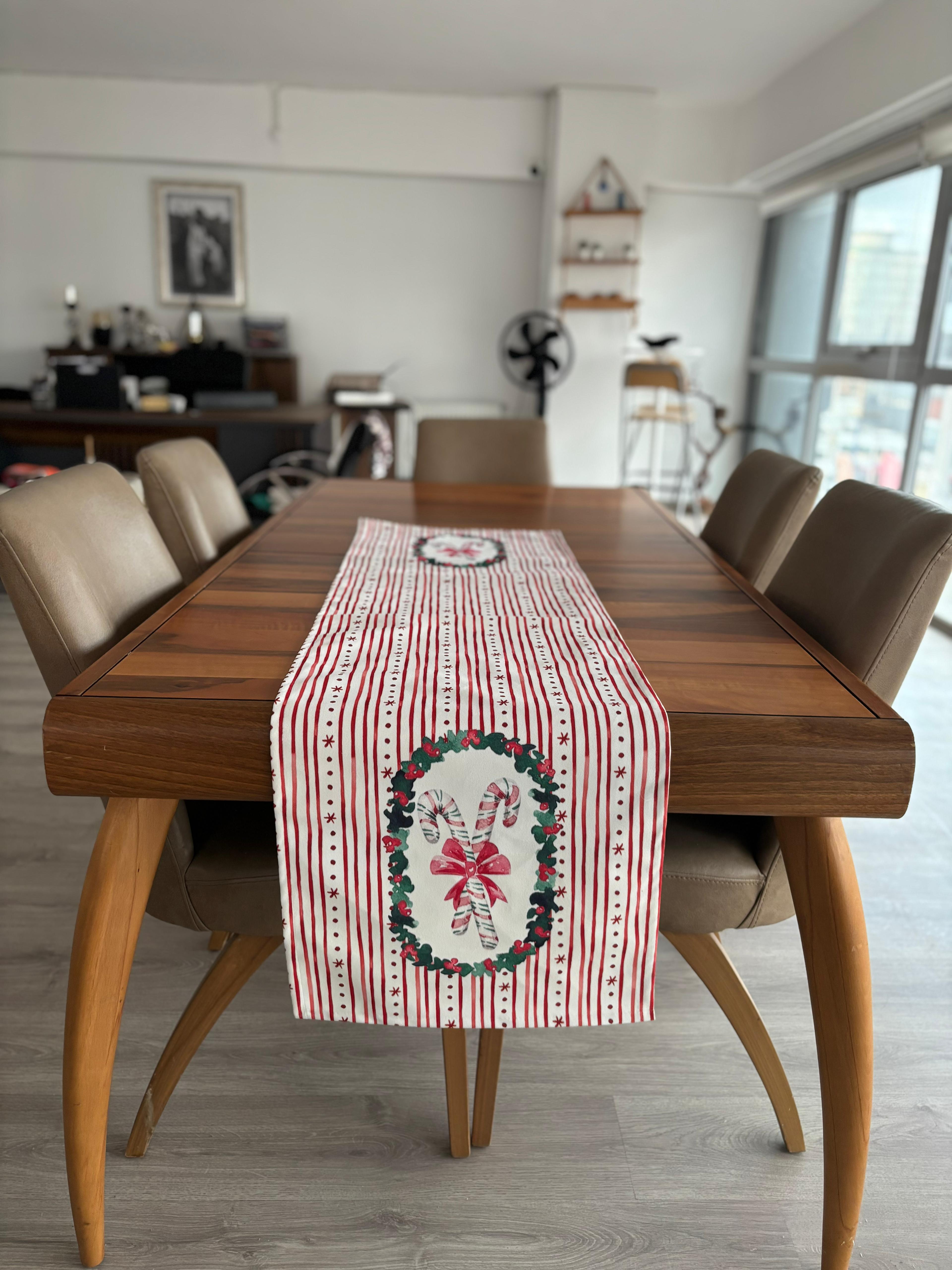 H1260 PEMBE ÇİZGİLİ ÇELENK İÇİNDE RENKLİ BASTON FİYONK KIRLENT RUNNER 3LÜ KOMBİN SET