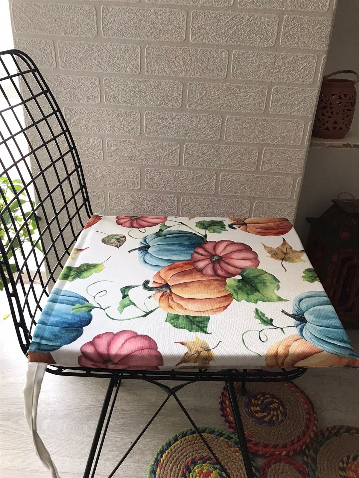 HFTHS1385 RENKLİ KABAK YAPRAK DESEN SANDALYE MİNDERİ