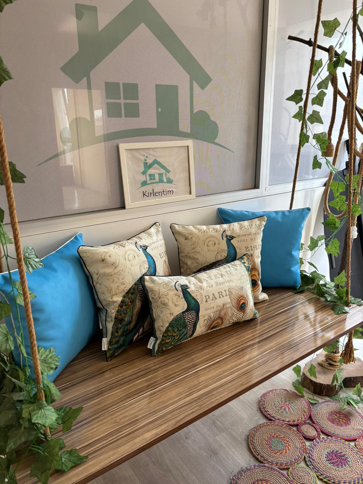 T28-T214-TAVUSKUŞU DESEN-DÜZ MAVİ - 5Lİ KIRLENT KOMBİN SET
