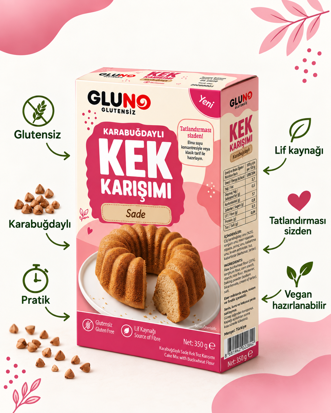 Gluno Glutensiz Karabuğdaylı Sade Kek Karışımı 350gGlutensiz Ürünler