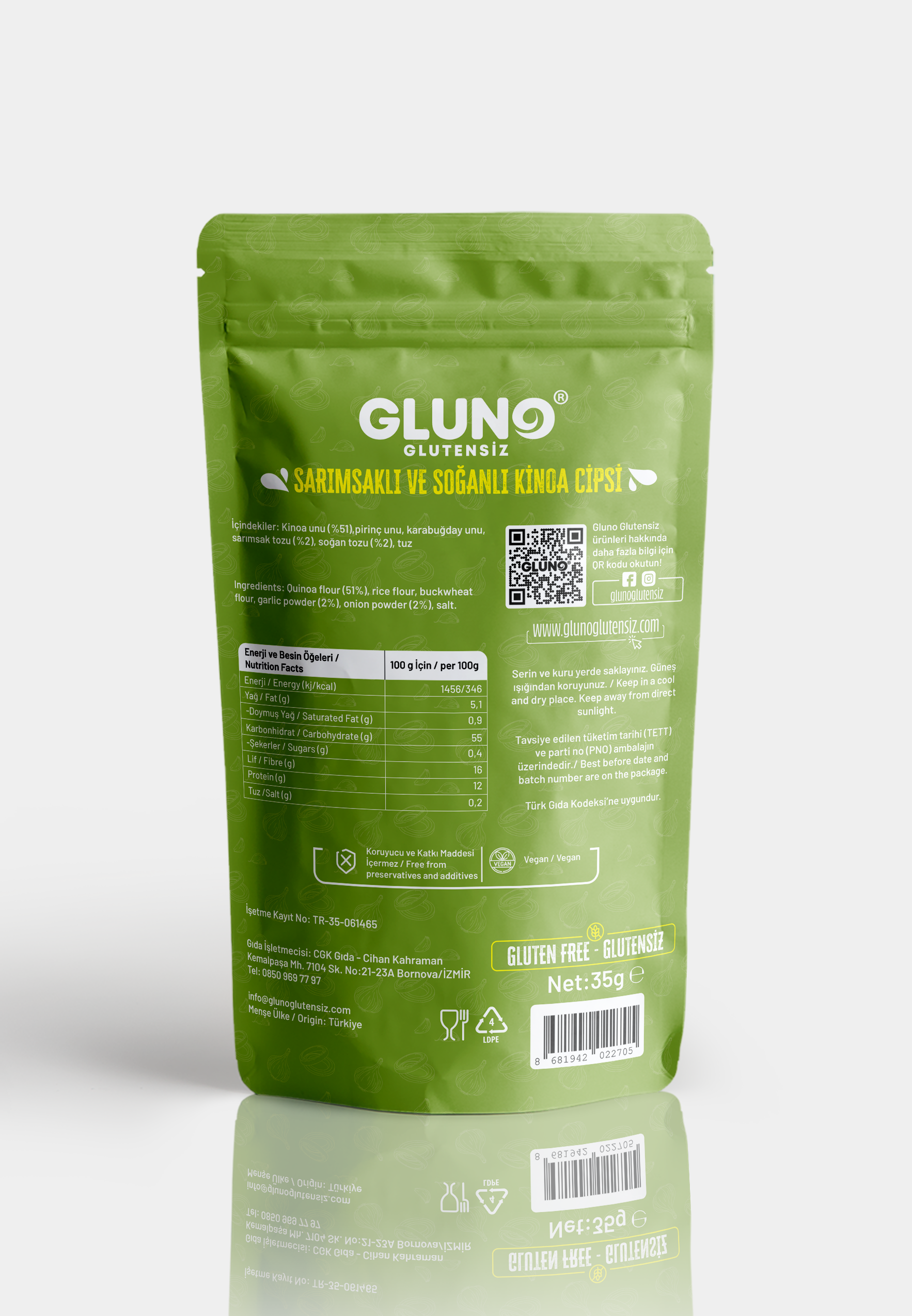 Gluno Glutensiz Kinoa Cipsi Sarımsaklı ve Soğanlı 35grGlutensiz Ürünler