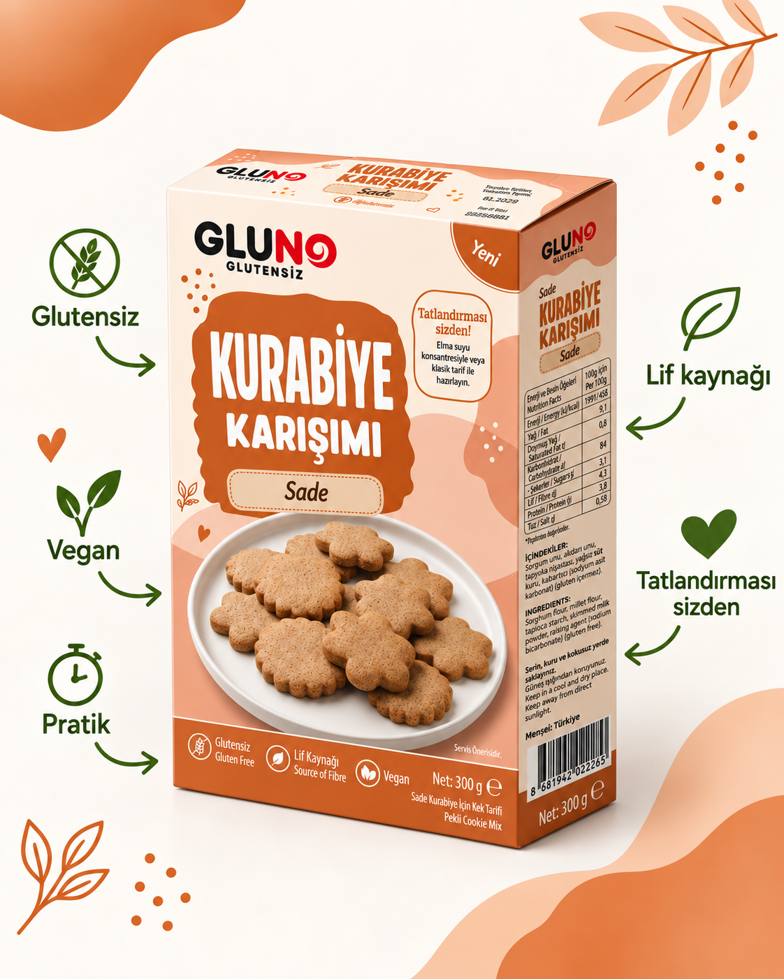Gluno Glutensiz Sade Kurabiye Karışımı 300gGlutensiz Ürünler