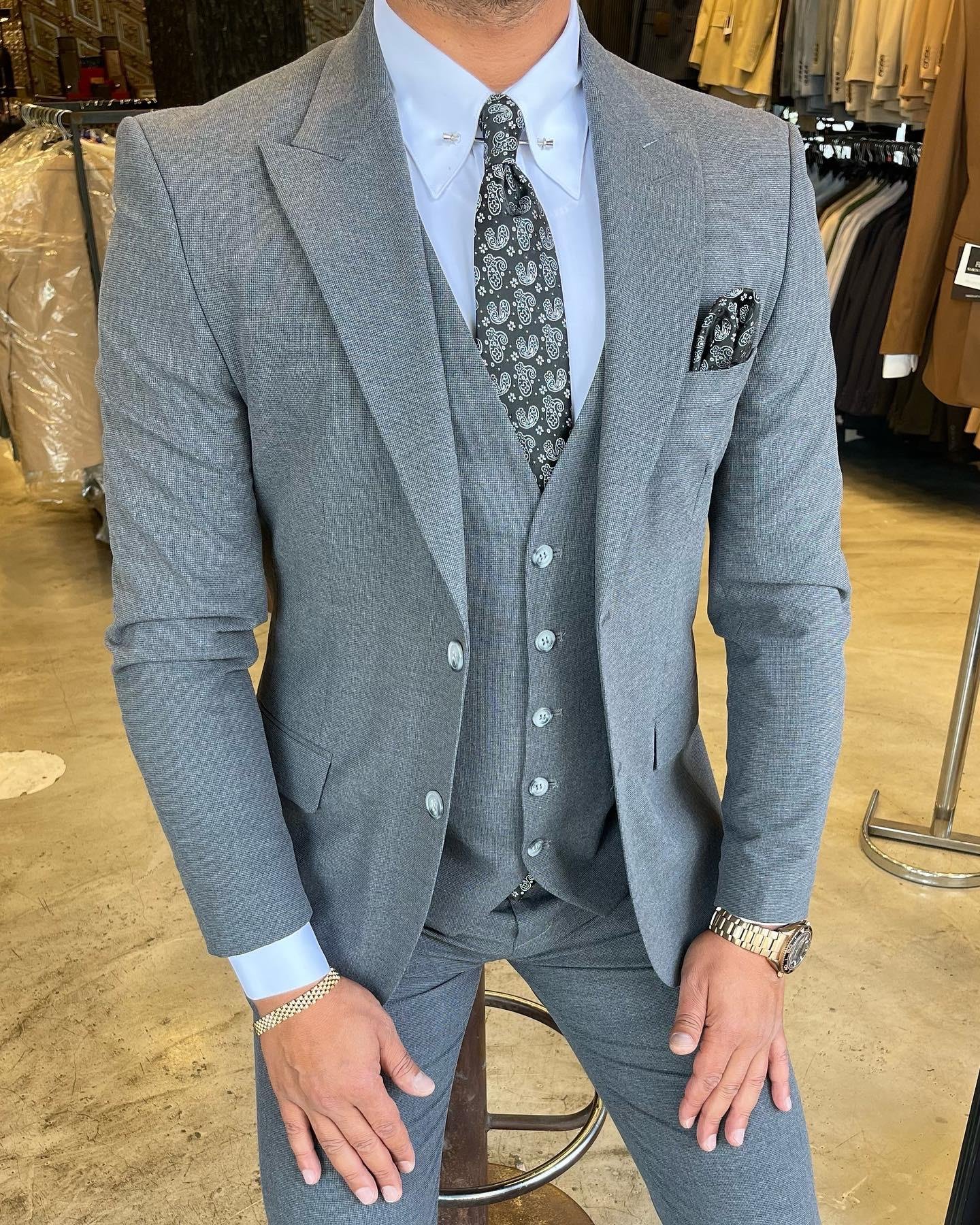 Koyu Gri Slim Fit Yelekli Takım Elbise HT1006