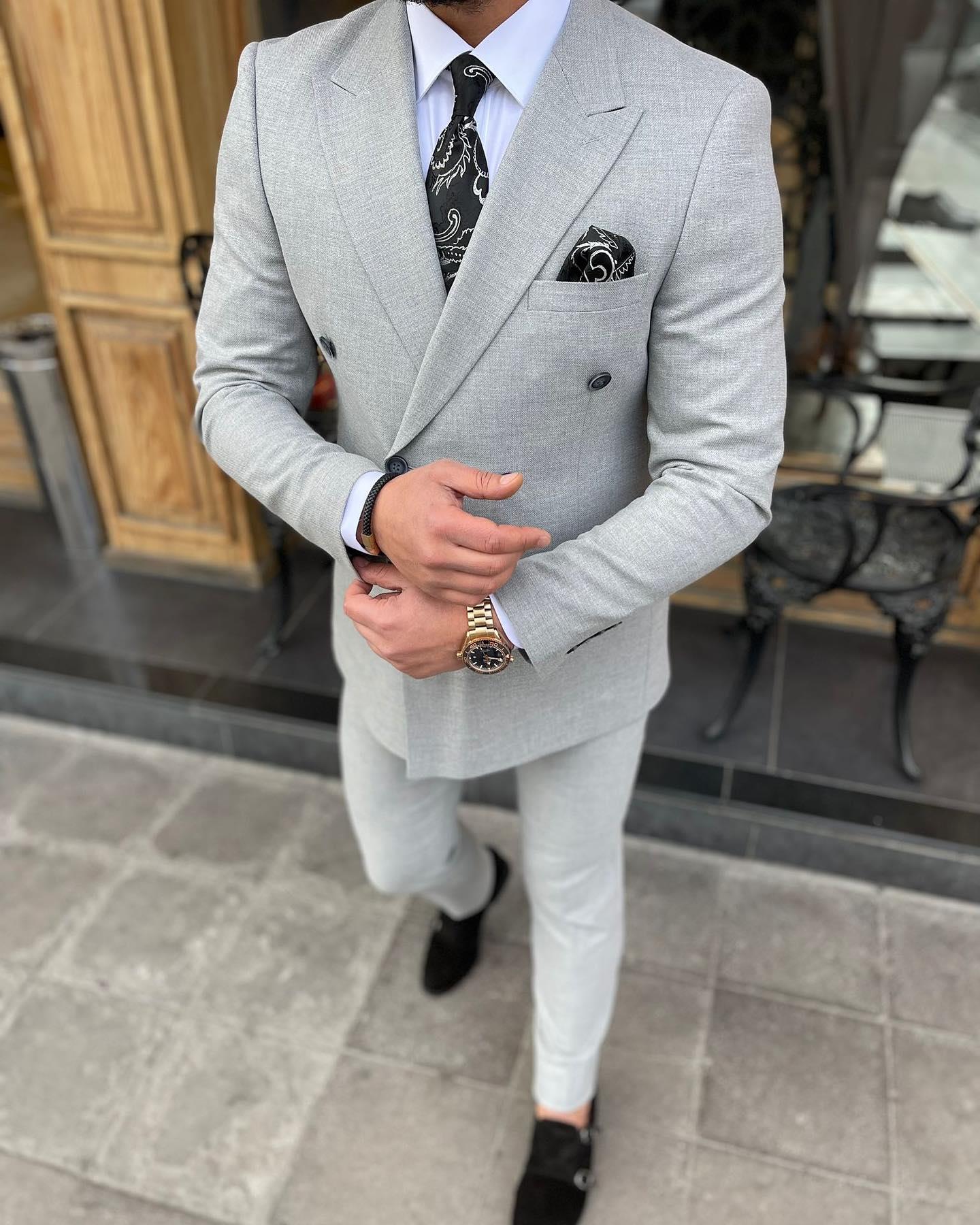 Slim Fit Kruvaze Yaka Pantolon Ceket Takım Elbise HT1027-GRİ