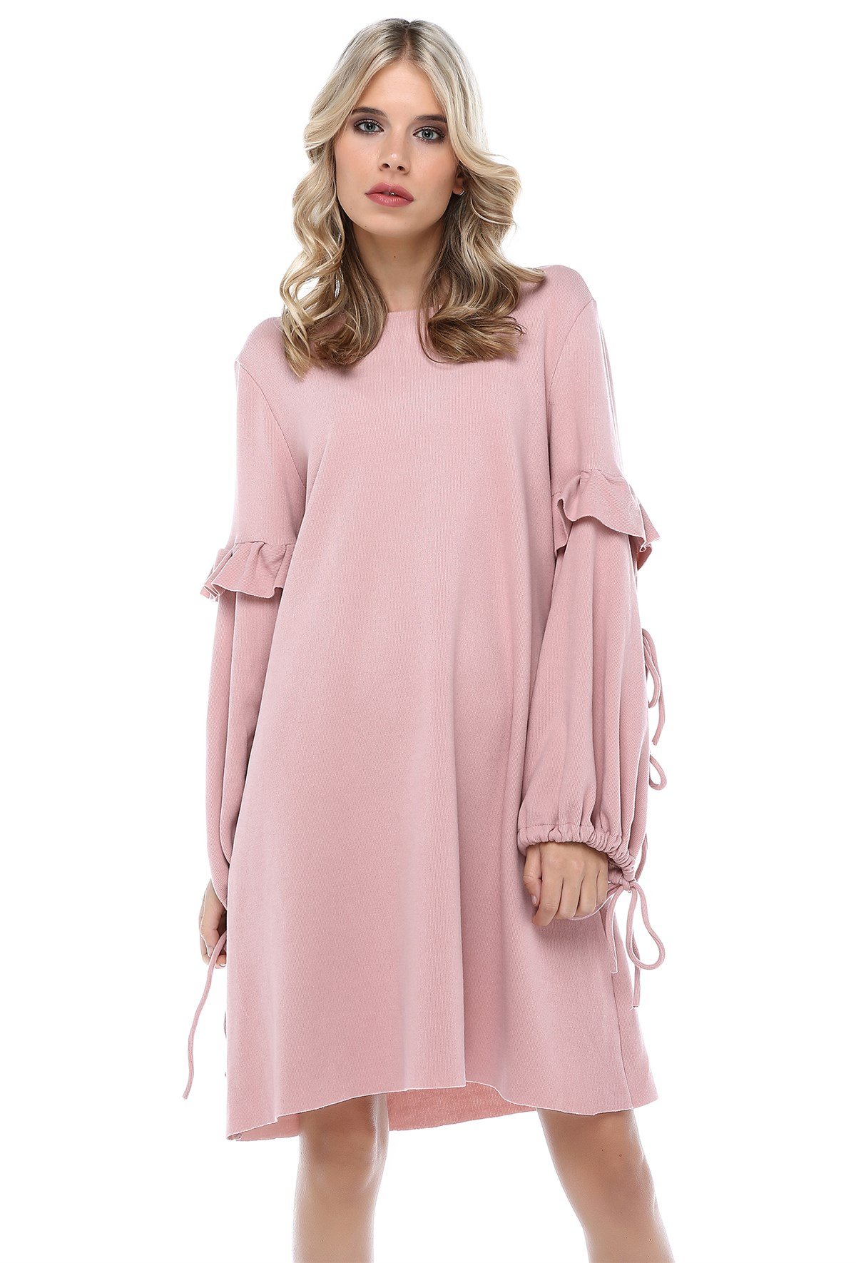 PUDRA KOL BAĞCIK DETAY YUMOŞ ELBİSE