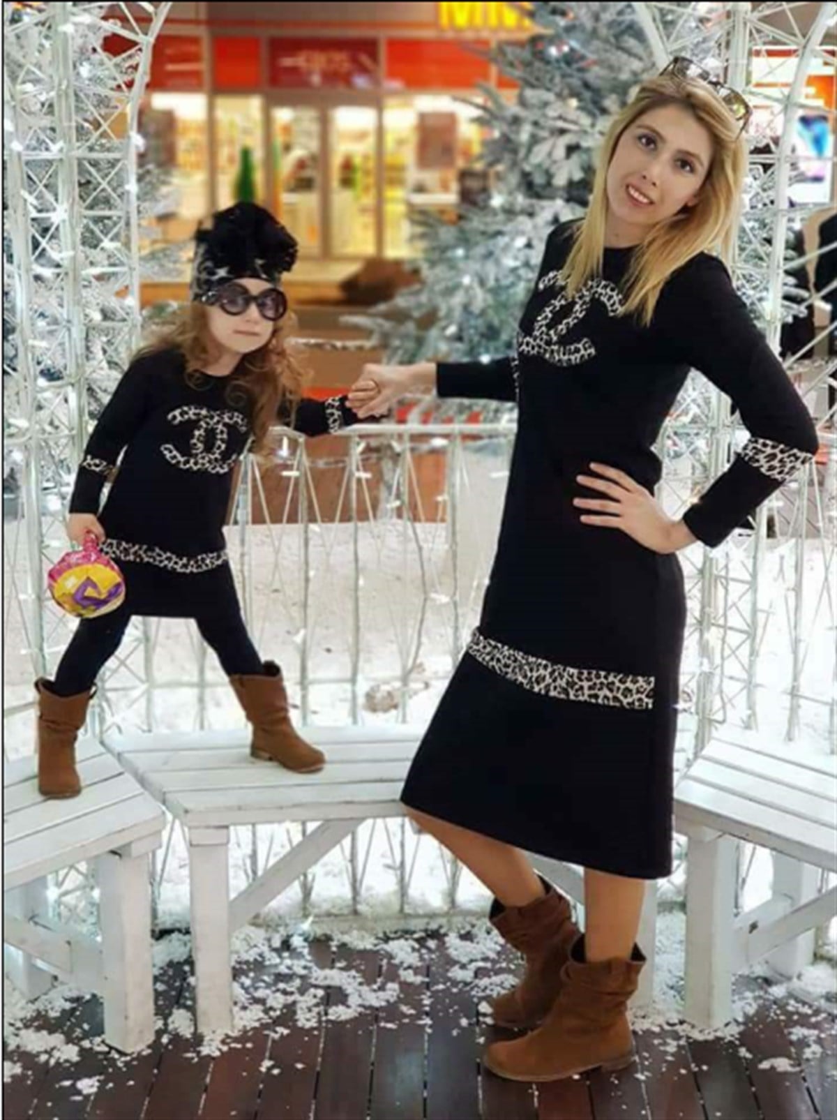 SİYAH LEOPAR NAKIŞLI ANNE KIZ ELBİSE